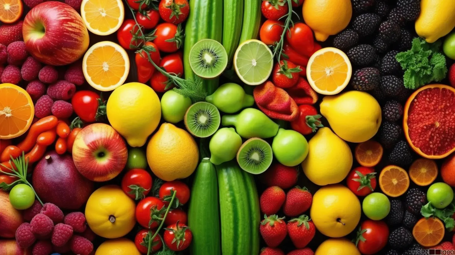 Obst, Gemüse, Samen, Superfood, Müsli, Lebensmittelhintergrund mit einer Auswahl an frischem Bio-Gemüse.